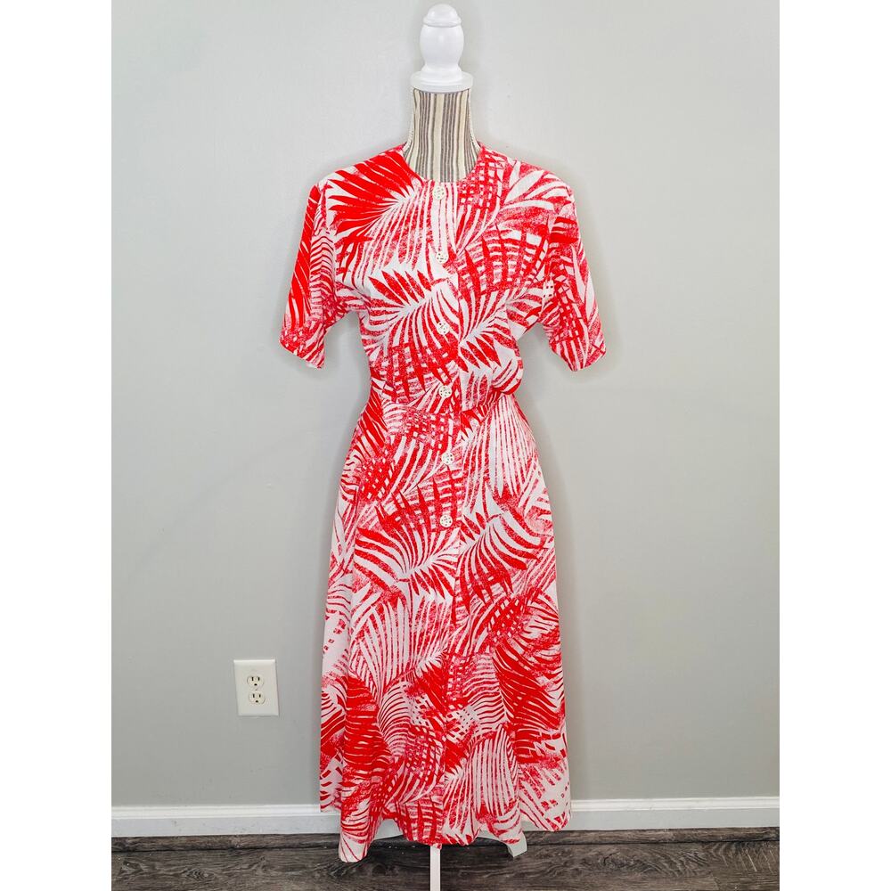 Vintage 80s Floral A-Line Midi Dress Women Size Small Button Up Pockets Femme